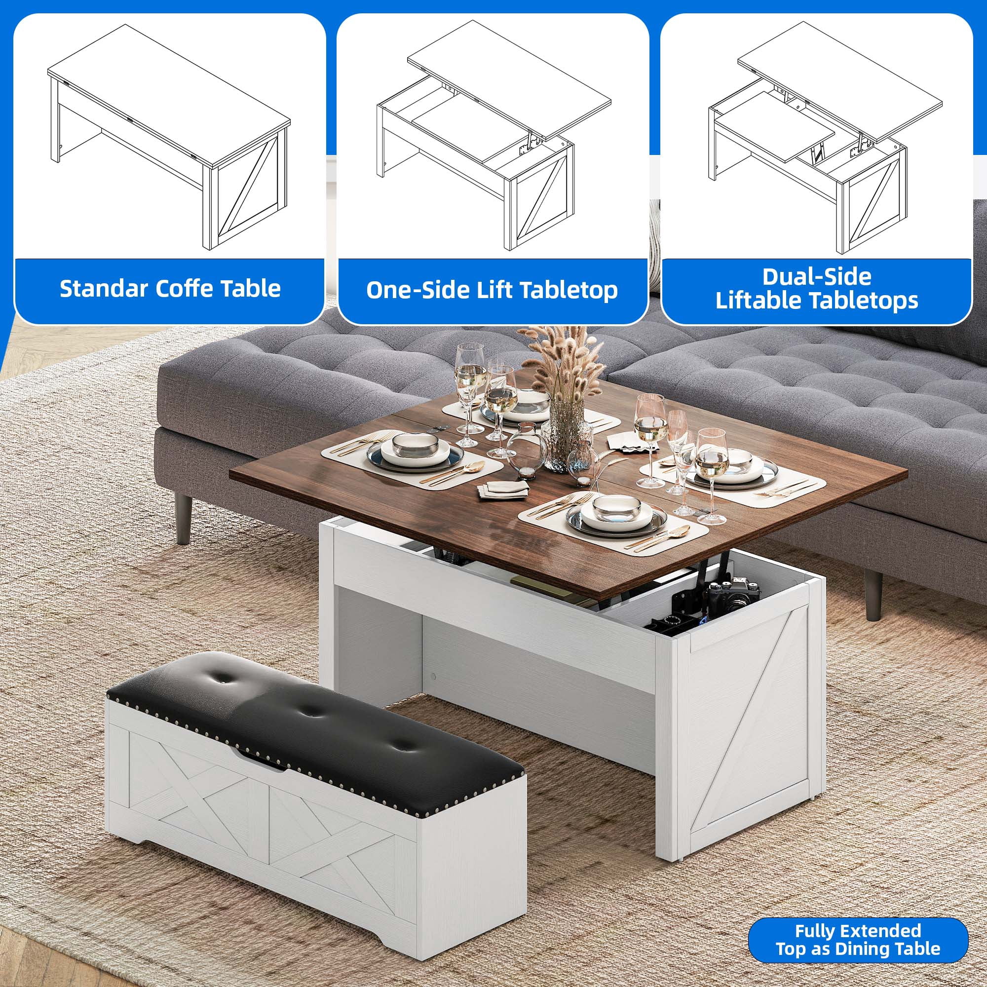 DEXTRUS Lift Top Coffee Table with Ottoman Bench on Wheels, Farmhouse Storage Center Table, White