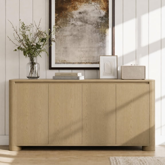 ReNest 62" Curved Sideboard Buffet Cabinet, 4 Door Modern Storage Console Table with Adjustable Shelves, Wood Credenza for Dining Room Living Room Entryway, Oak