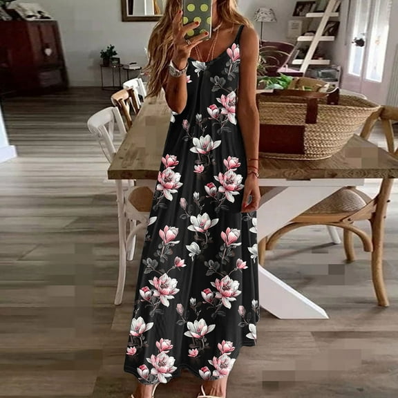 Aimik Women's Scoop Neck Spaghetti Strap Dress Summer Flower Print Flowy Long Maxi Dress Casual Vacation Slip Dress
