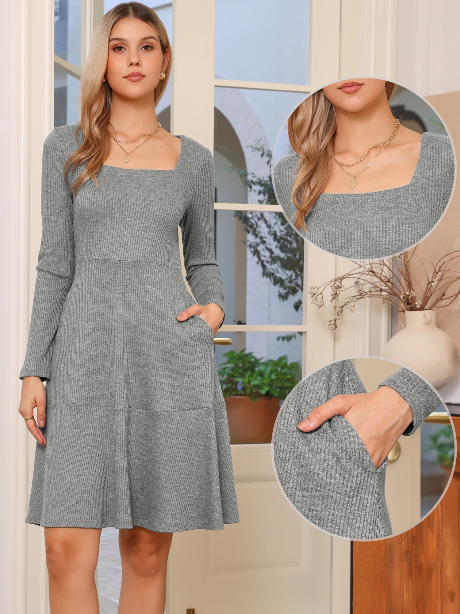 DARING DIVA Women's Knit Sweater Casual Square Neck Long Sleeve Dress S Grey