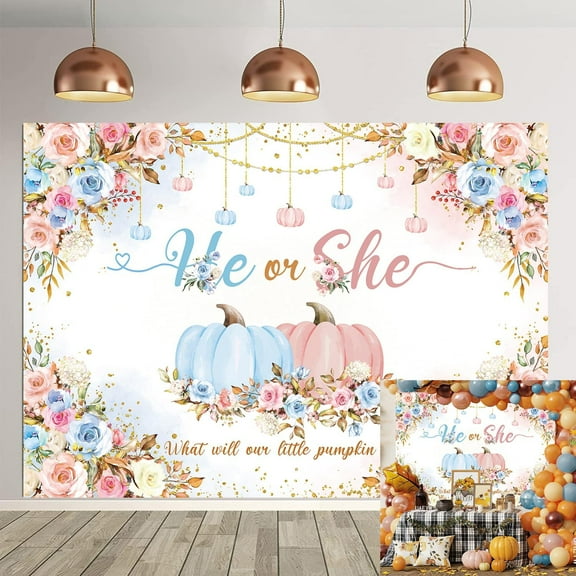 Fall Pumpkin Gender Reveal Beautiful Backdrop Autumn Theme He or She What Will Our Little Pumpkin Be Photography Background for Boy or Girl Baby Shower Newborn Party Decorations Supplies