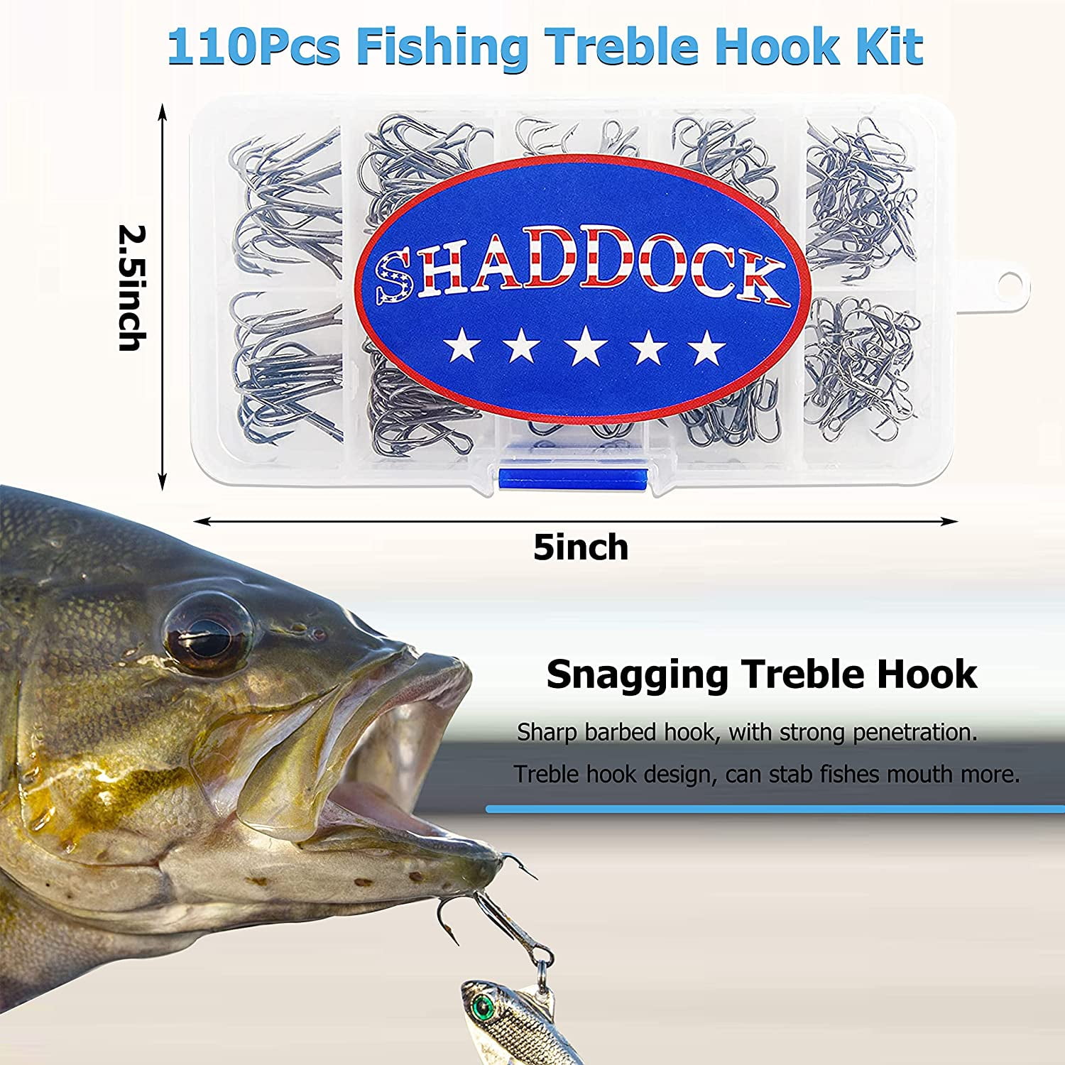 Fishing Treble Hooks Kit High Carbon Steel Hooks Strong Sharp Round Bend  for Lures Baits Saltwater Fishing 110pcs/box Mixed 6 Size 4 6 8 10 12 14 