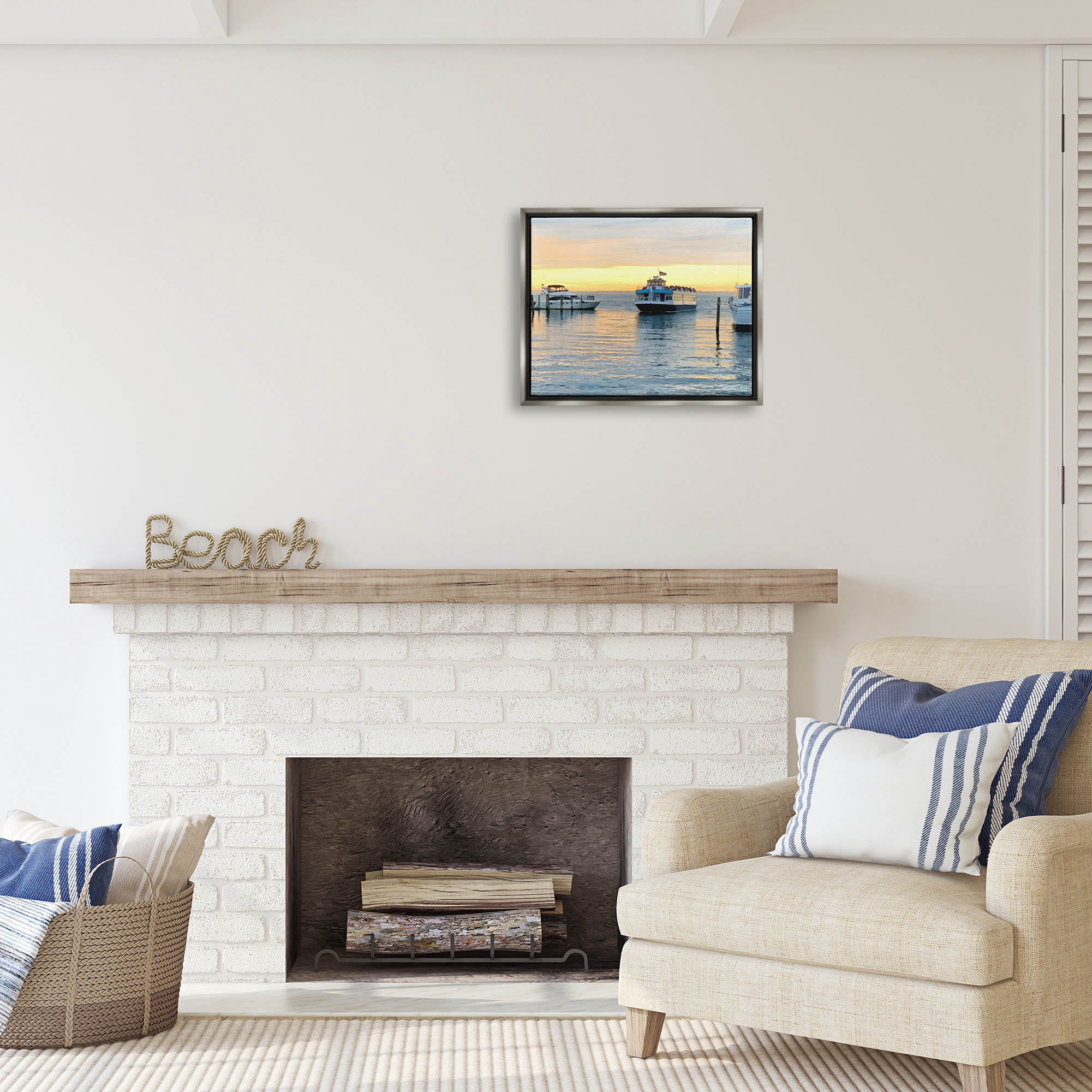Stupell Industries Ferry Boat Sunlit Sea Harbor Coastal Photography Gray Floater Framed Art Print Wall Art