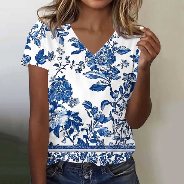 TaTaai V-Neck T Shirt for Women Printed Short Sleeve Casual Loose Fit Blouse Fashion Unstructured Print Soft Stretchy Comfortable Top for Daily Vacation Home Gift