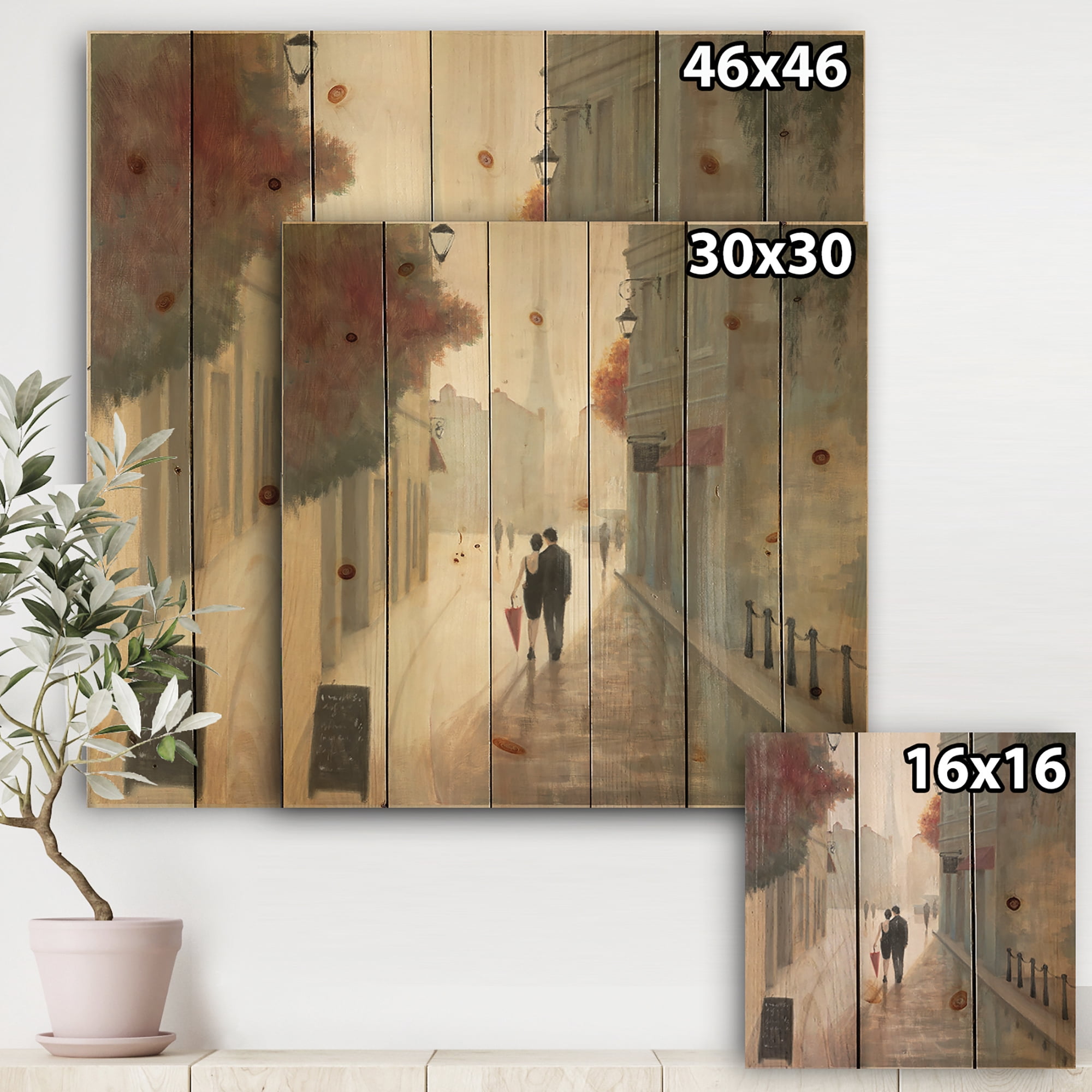 Designart 'Romance Couples in Paris II' Romantic French Country Print on Natural Pine Wood