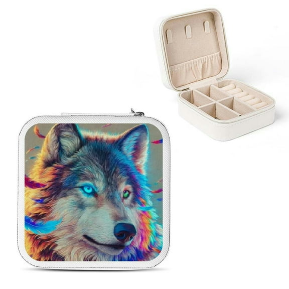 ZFLMY Wolf Colorful Mane Blue Eyes Jewelry Box for Necklaces Rings White
