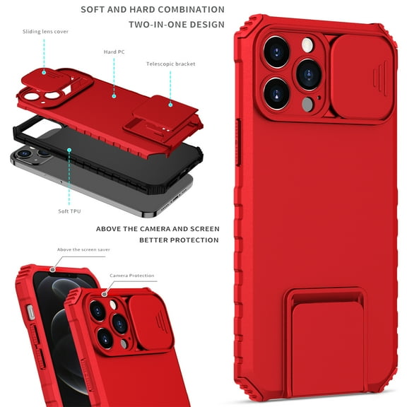 K-Lion Case For iPhone 12 Pro Max,Shockproof Slide Camera Protector Hard PC Telescopic Bracket Case Cover,Red