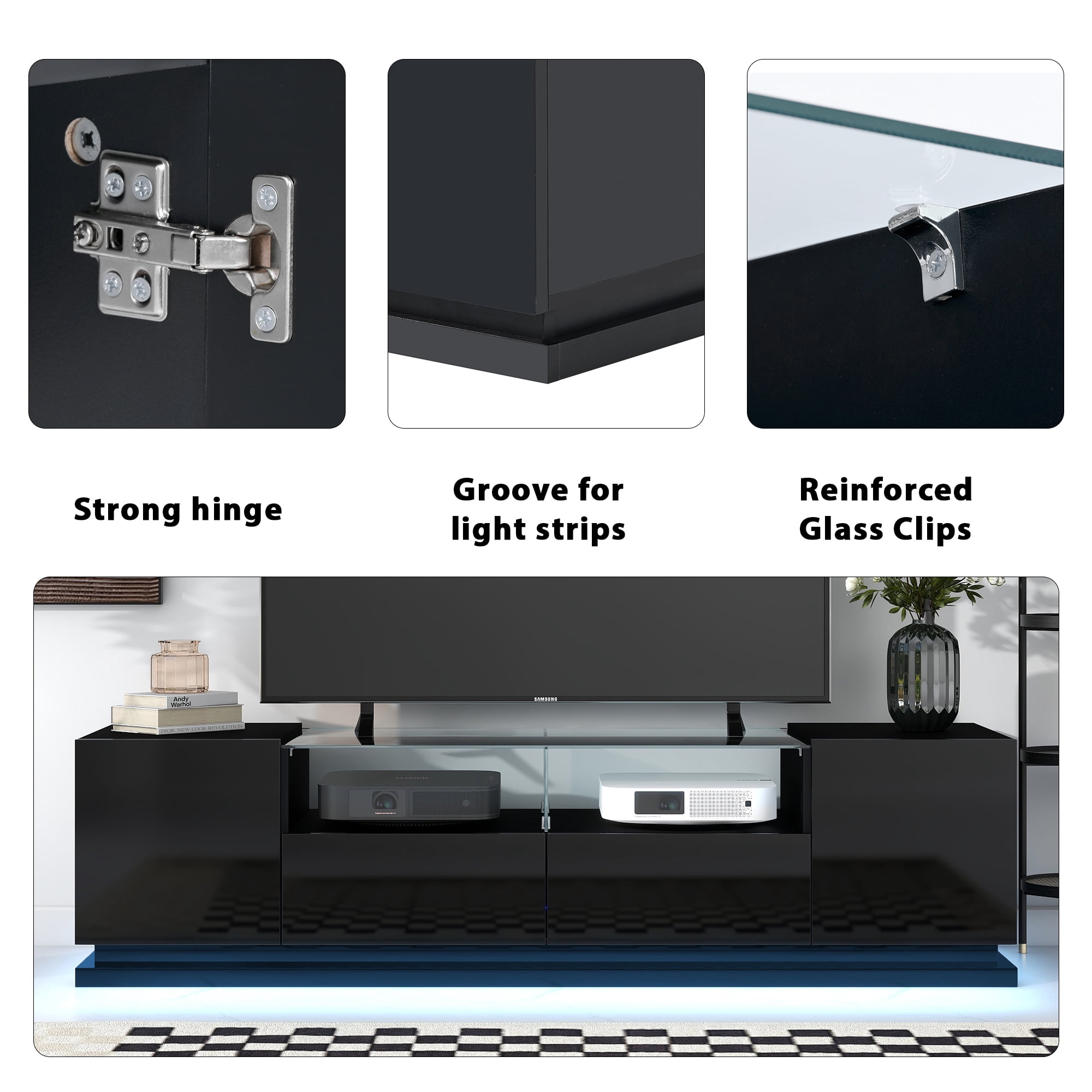 Momspeace Modern High Gloss TV Stand with Tempered Glass Shelf and 16-Color LED Light Strips for TVs up to 70'' -Black