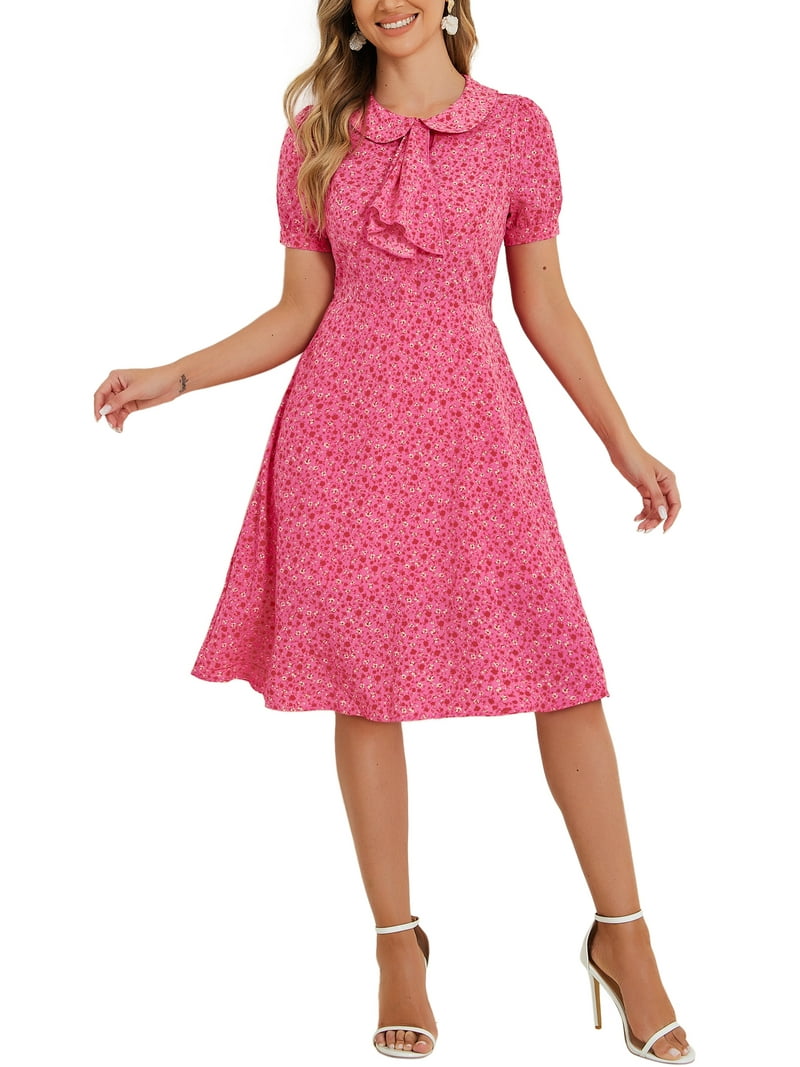 INSPIRE CHIC Women's Vintage Dress Floral Print Peter Pan Collar Knee Length  Casual Dress XL Hot Pink - Walmart.com