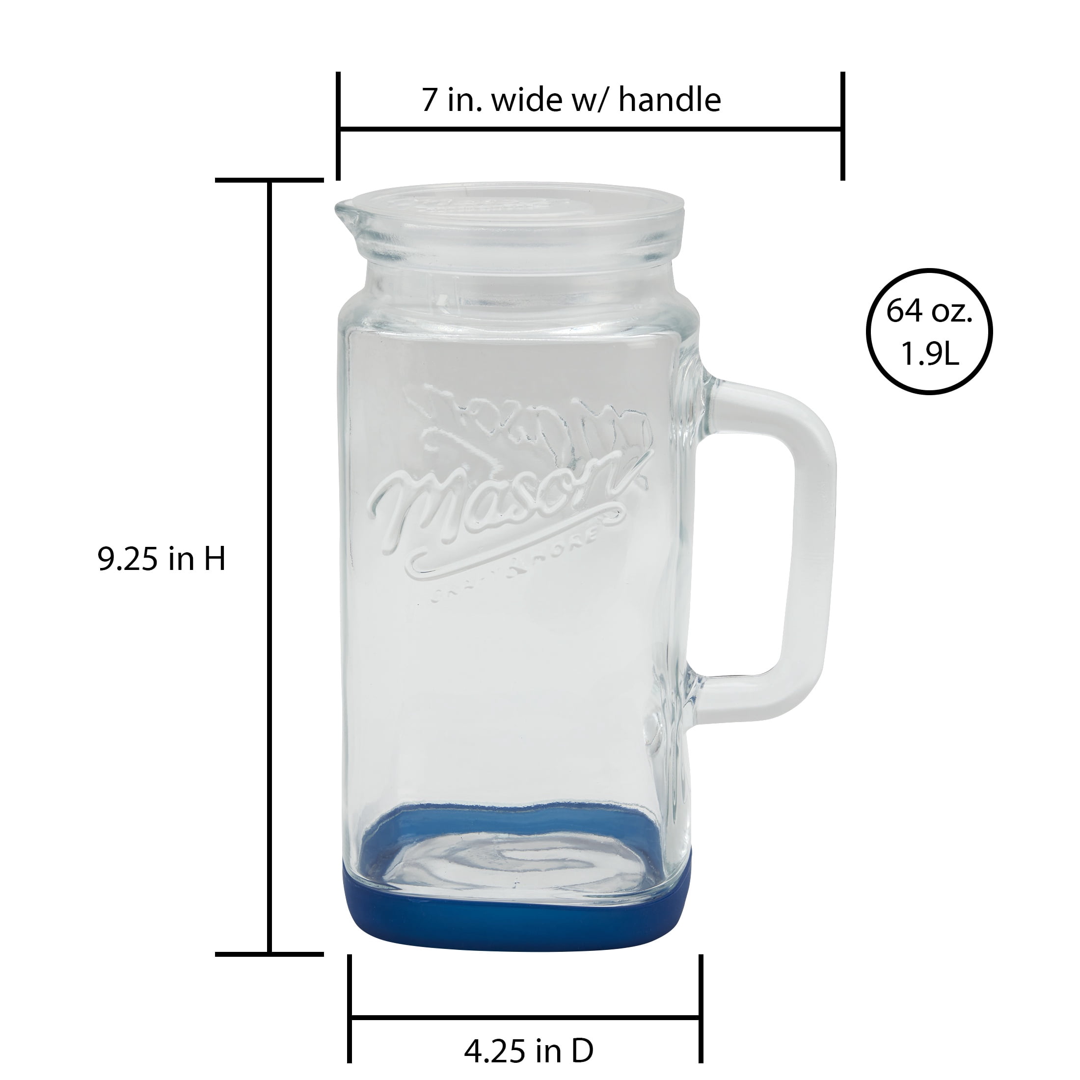 Mason Craft & More Glass 0.5 Gallon Pitcher with Removable Plastic Lid and Silicone Base, Navy, Useful for Serving Chilled Drinks