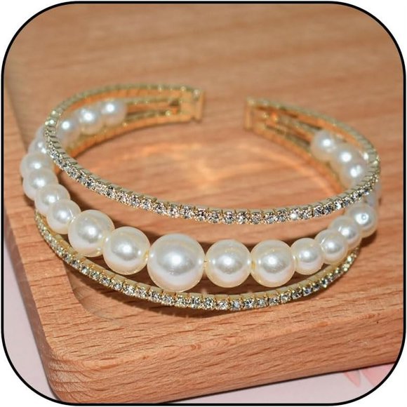 shiyou-Pearl Bracelet Pearl Bracelets for Women Rhinestone Bracelet Pearl Cuff Bracelet Gold Bracelets Non Tarnish Opening Wide Wrist Cuffs Chunky Gold Jewelry