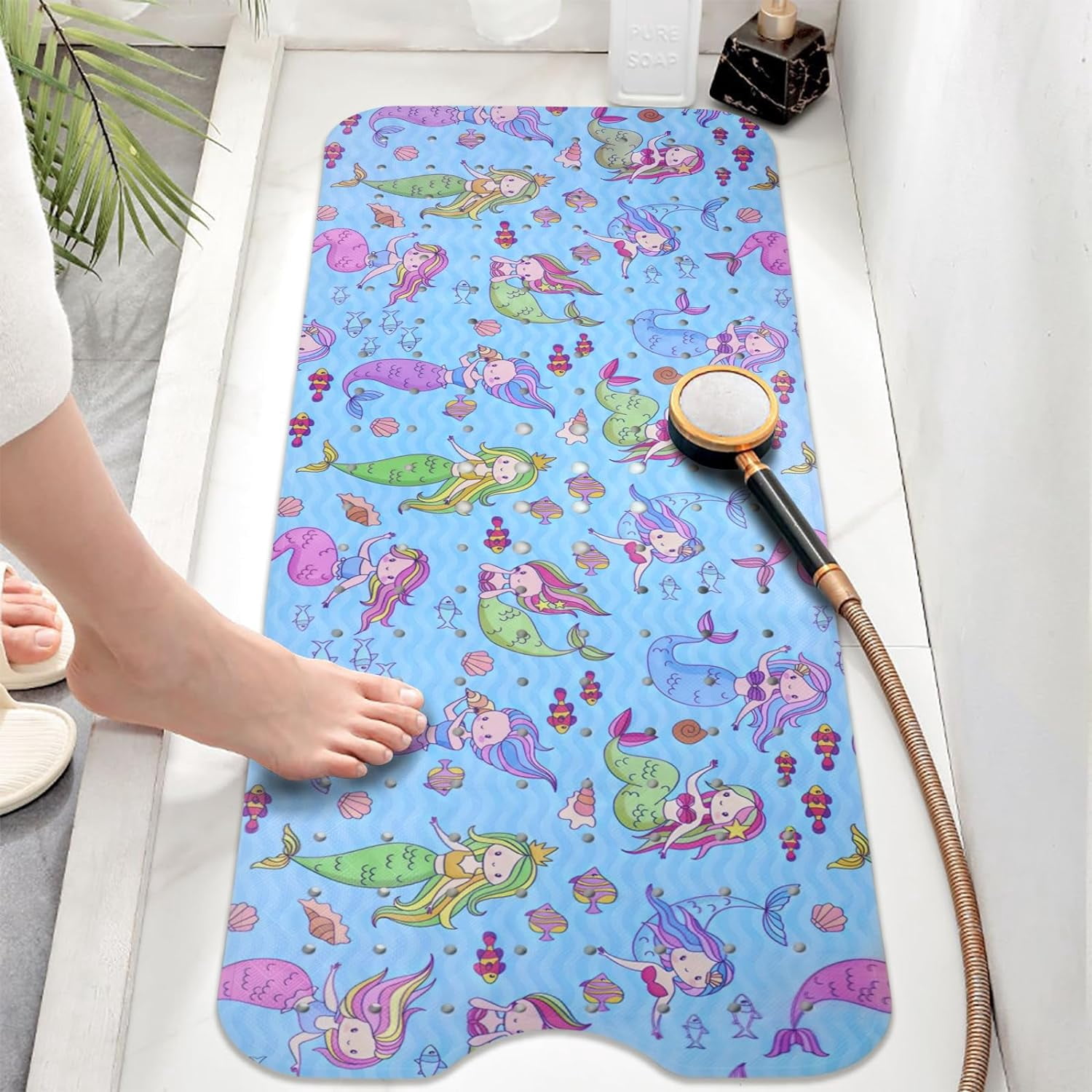 Mermaid Bathtub Mat Non Slip Shower Mat Extra Long Anti Slip Bath Mats for Tub with Suction Cups and Drain Holes