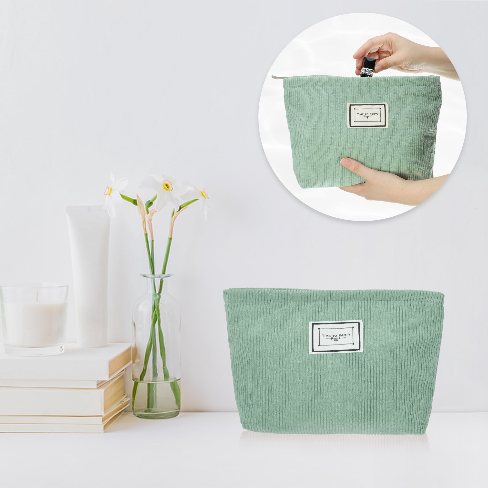 Unique Bargains Women Corduroy Makeup Bags Corduroy Cosmetic Bag Zipper Makeup Pouch Green