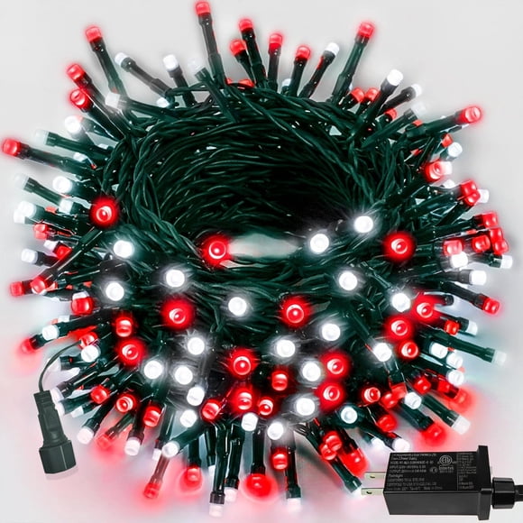 Cadena de luces YIQU, 23 m, 200 LED, rojo y blanco, temporizador impermeable