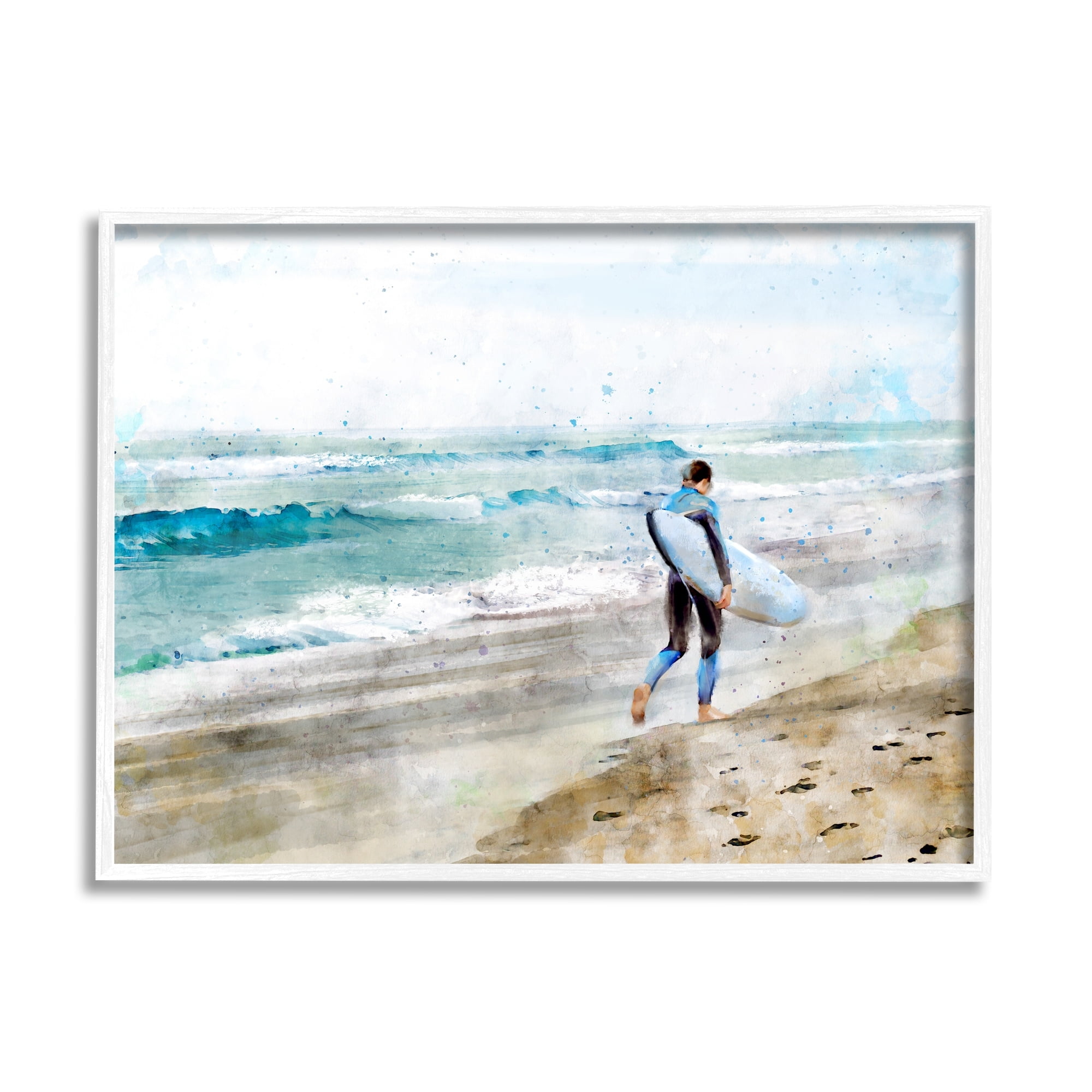 Stupell Industries Summer Surfer Walking Coast Incoming Tide Sandy Footprints, 14 x 11,Design by Ziwei Li