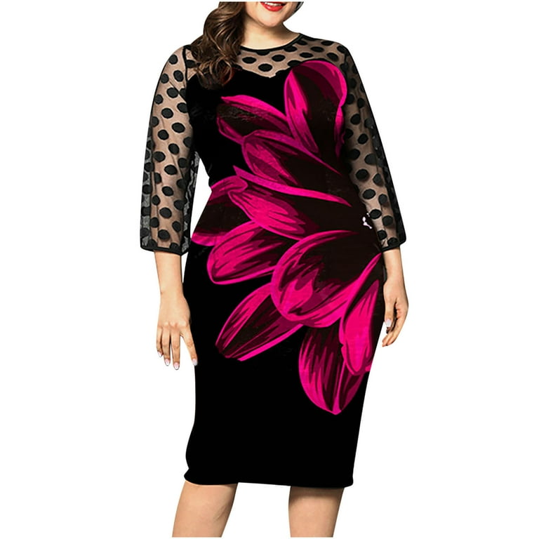 3/4 Sleeve Print Knee Length Round Neck Plus Size Bodycon Dresses 3/4 Sleeve Print Knee Length Round Neck Plus Size Bodycon Dresses