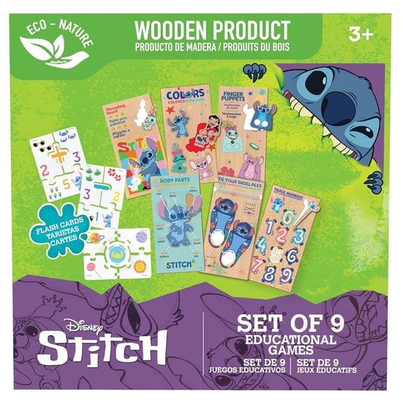 Disney: Stitch Educational Games - Set Of 9 - Play Based Learning, Wooden Puzzles, Bilingual Flash Cards, Numbers-Colors-Shapes-More, Toy Kit, Kids 3