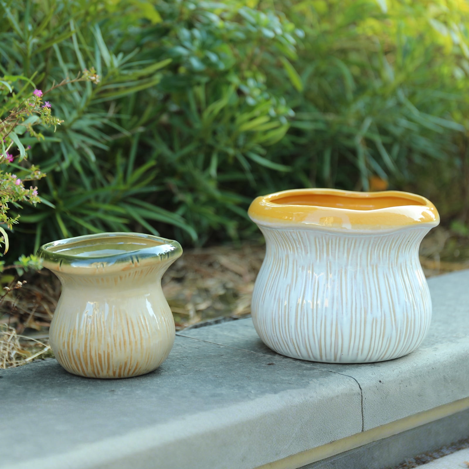 2-Pack Ceramic Mushroom Planters – Textured Flower Pots with Glossy Rim, Indoor/Outdoor Decorative Pots,Plant Pot for Garden,Yard,Living Room,Bedroom