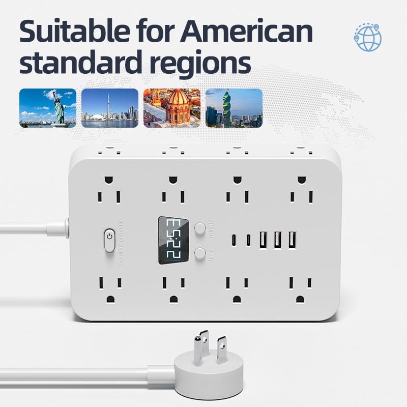 JOUALY 21-in-1 Power Strip with Digital Clock, Surge Protector with 16 Wide Spaced AC Outlets & 5 USB Ports(3A2C), Flat Plug 5FT Cord, FCC Certified USB Charging Station for Home Office Dorm, white