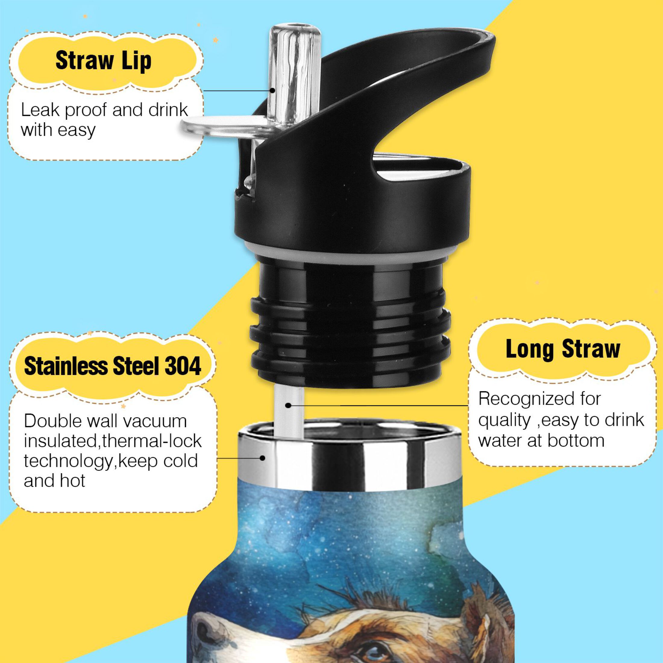 600ML Stainless Steel Insulated Cup Sports Water Bottle Portable Thermos Cup Water Glasses Insulated Tumblers Convenient and Durable Night Dog