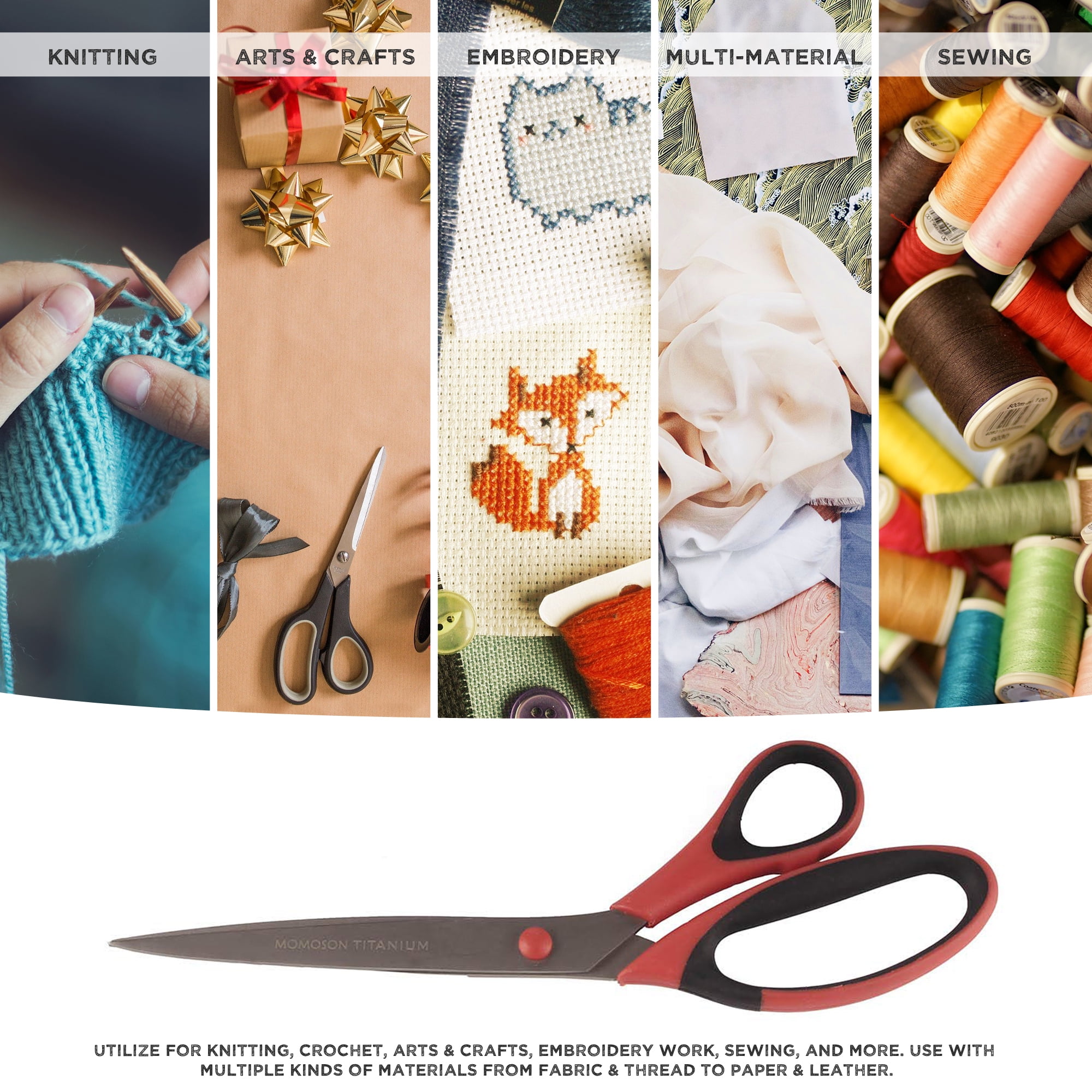 BambooMN Titanium Softgrip Scissors Set for Sewing, Arts, Crafts, Office - 10 Sets of 3 - Red w/ Black Inlays