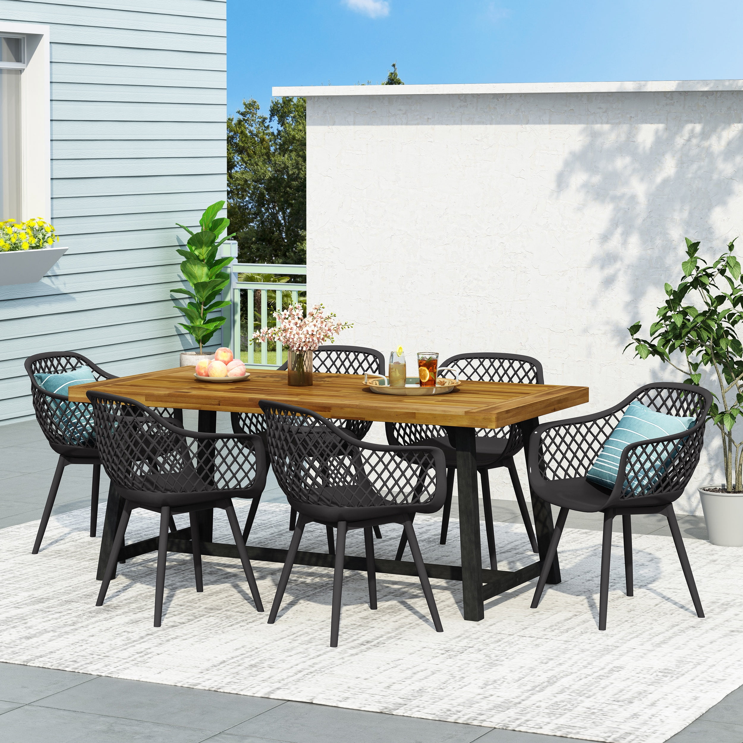 Flora Wood and Resin Outdoor 7 Piece Dining Set, Black and Sandblasted Teak