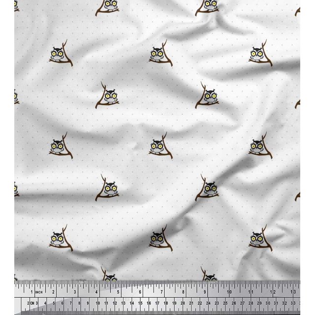 Soimoi Polyester Crepe Fabric Dot & Owl Bird Printed Fabric 1 Yard 42 Inch Wide