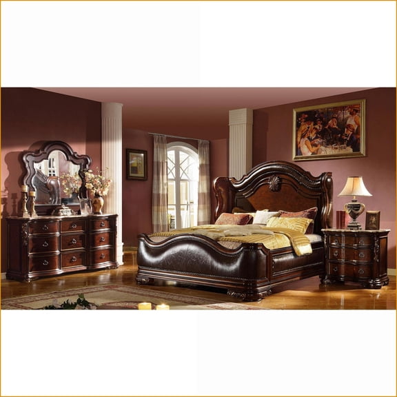 Traditional Queen 4pc Bedroom Set | Walnut Brown Wood | Upholstered Wingback Bed
