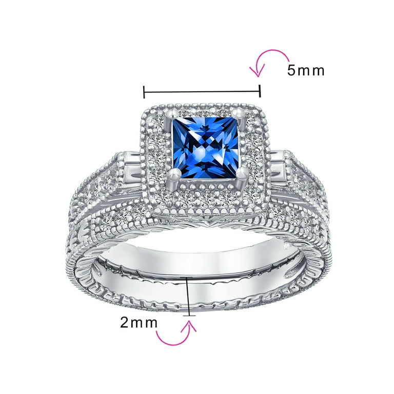 1CT Princess CZ Imitation Blue Sapphire Engagement Wedding Ring Set
