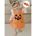 thumbnail image 4 of Loicainy Infant Baby Girl Halloween Outfit 3 6 12 18 Months Pumpkin Ruffle Long Sleeve Romper Overall Dress Headband 3 Piece Clothes Set, 4 of 9