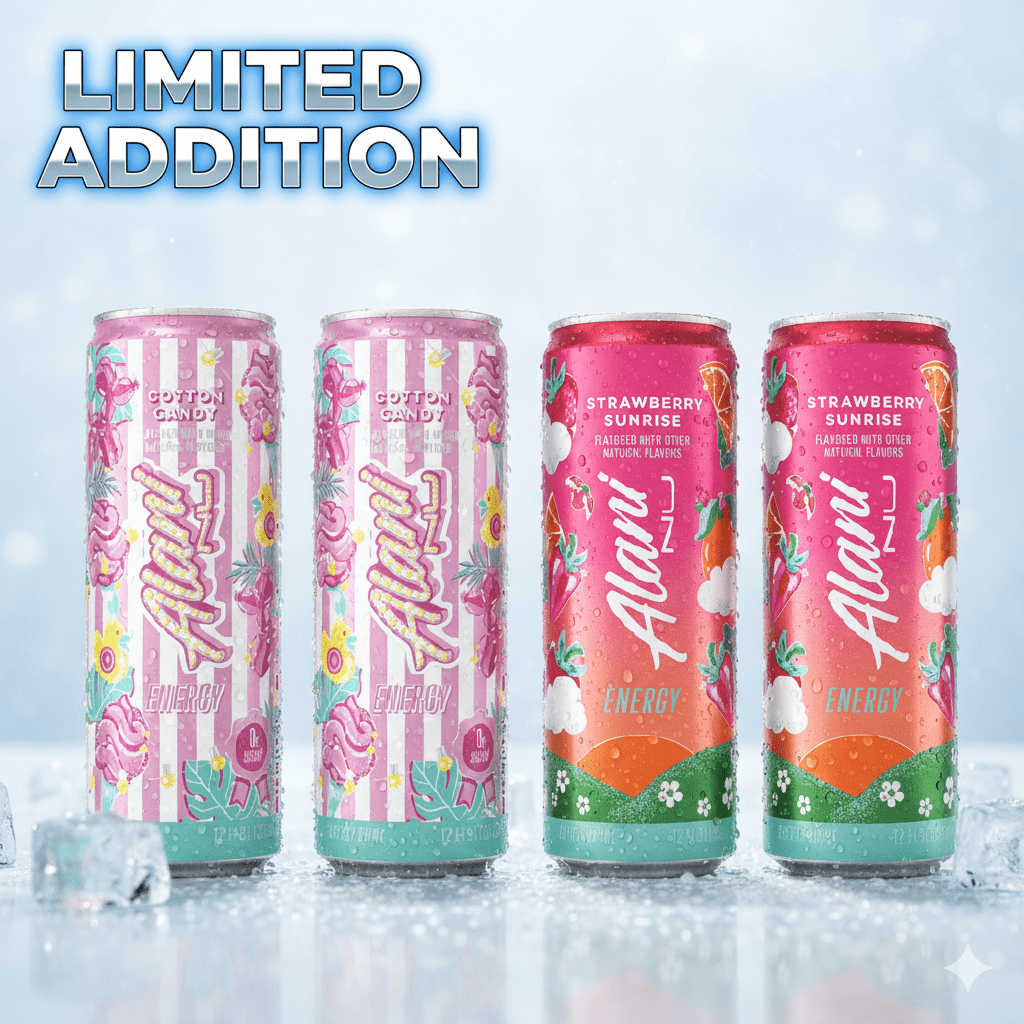 Alani Nu Energy Drinks Limited Addition Cotton Candy & Strawberry Sunrise Flavor Zero Suger, Low - Calorie, Energy Boost Drinks 12 oz (4 Pack)
