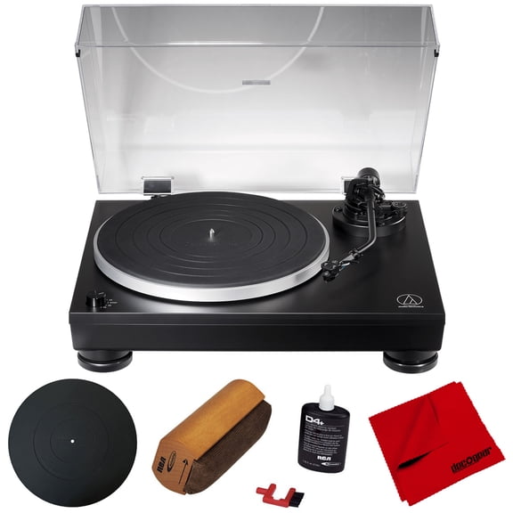 Audio-Technica AT-LP5X Fully Manual Direct Drive Turntable, Low Noise Motor, J-Shaped Tonearm Bundle with 12" Turntable Platter Mat, Vinyl Record Cleaning Fluid System with Brush & Microfiber Cloth