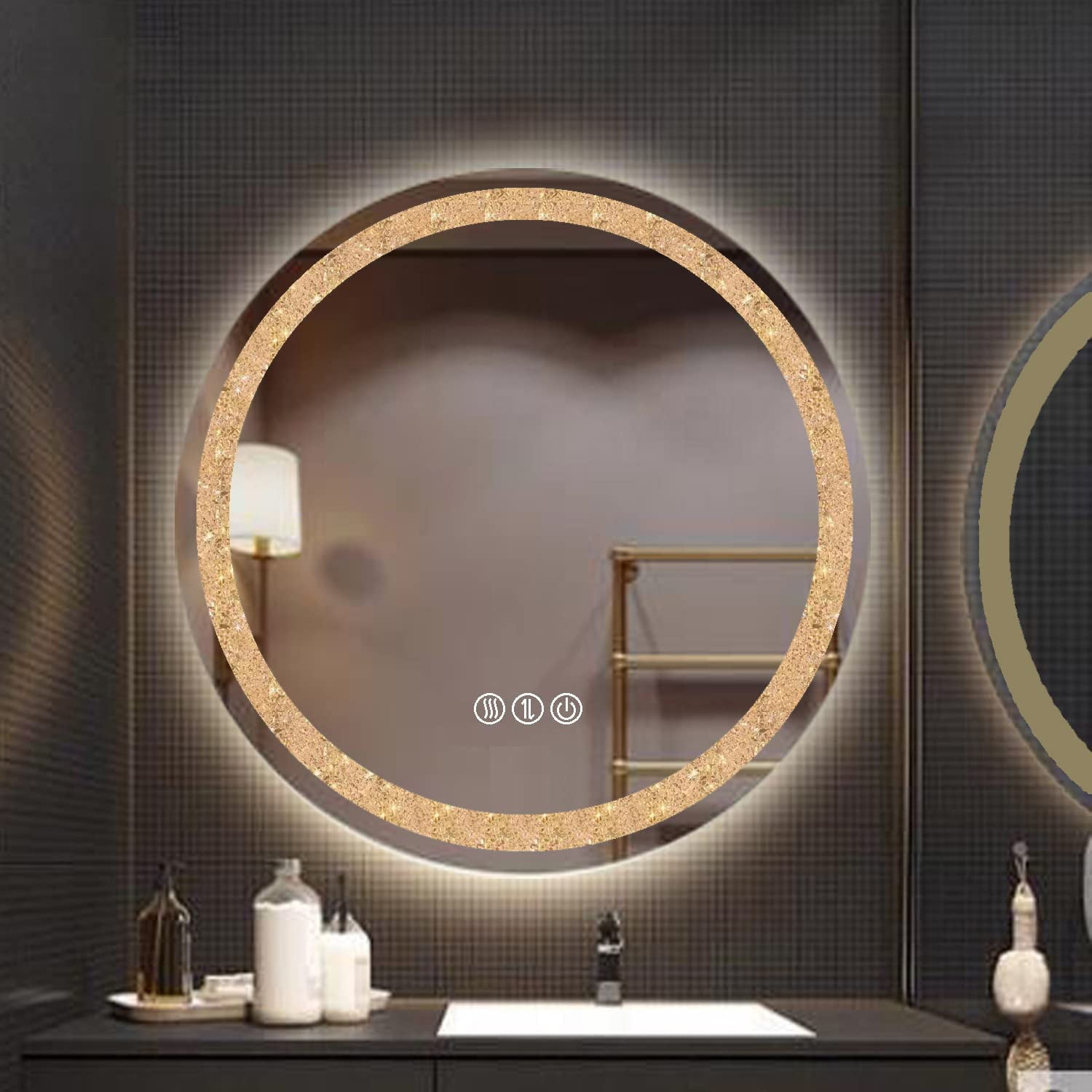 YIGOU LED Bathroom Mirror 24 Inch Round Large Crystal Vanity Mirror