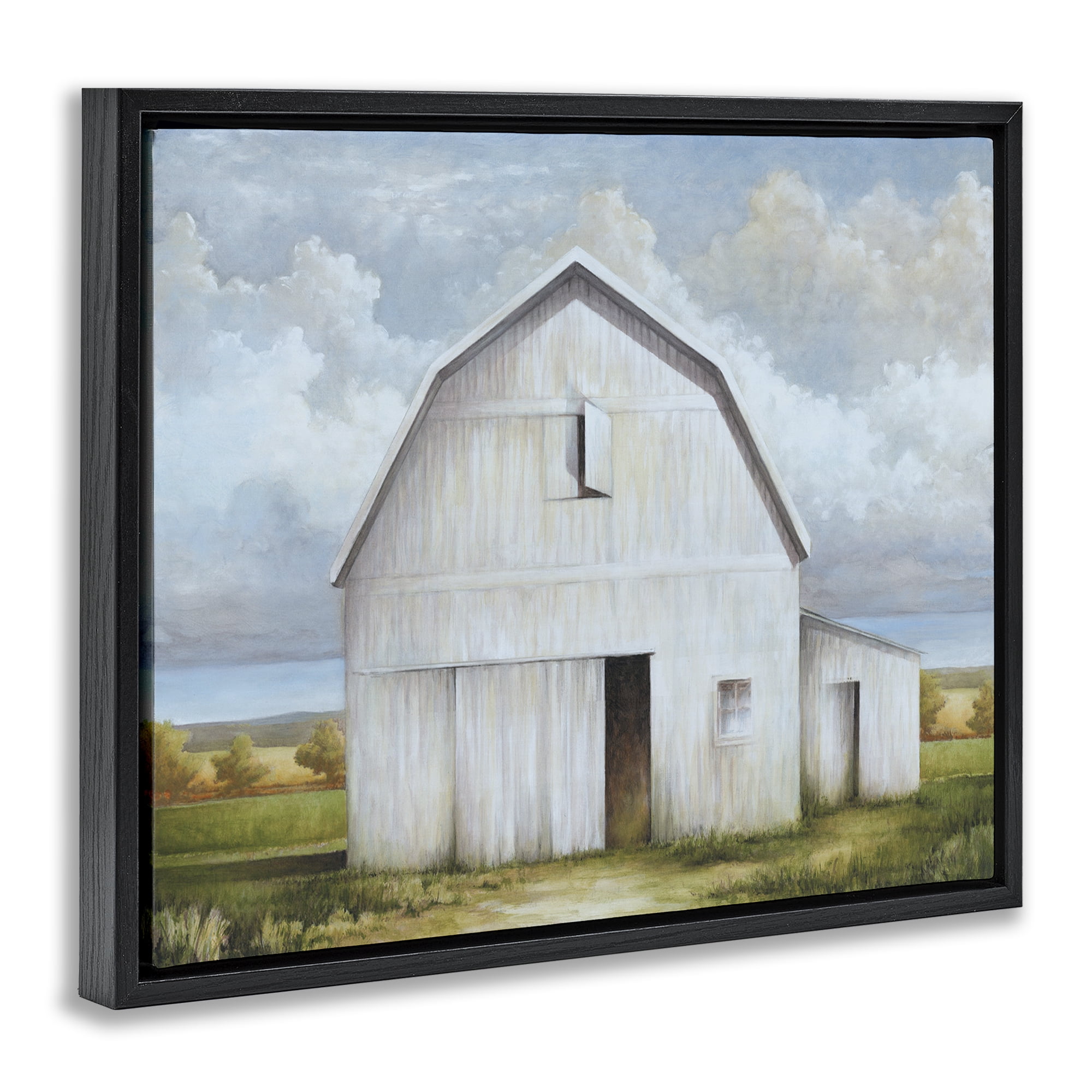 Stupell Industries White Barn with Clouds Landscape Painting Black Floater Framed Canvas Art Print Wall Art, 31 x 25