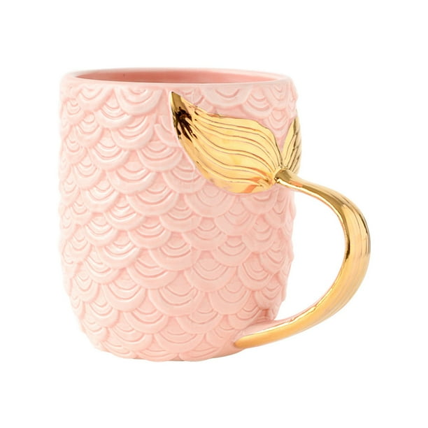EeaseMX Taza creativa de sirena, de cerámica dorada perlada con asa de cola de sirena, ideal como regalo de cumpleaños o boda (rosa)