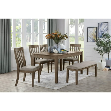 6pc Dining Set Dining Table with Drawers Bench 4x Side Chairs Wooden Brown Finish Casual Home Furniture