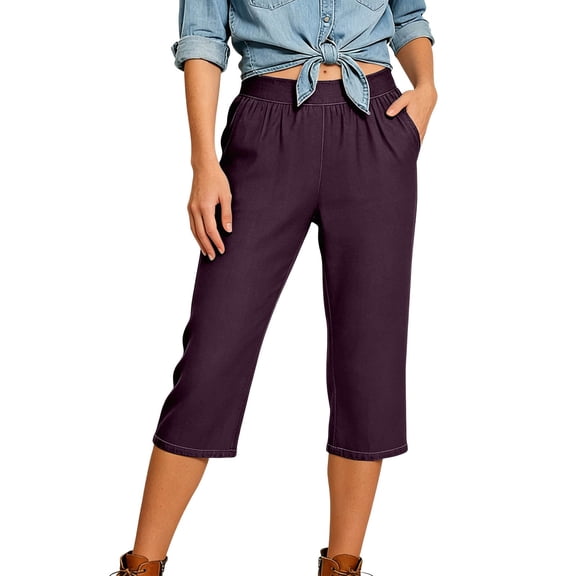 Yuhangmm Women's Casual Pull On Capri Jeans Stretch Elastic Waist Wide Straight Leg Plus Size Denim Loose Summer Pants Wine M