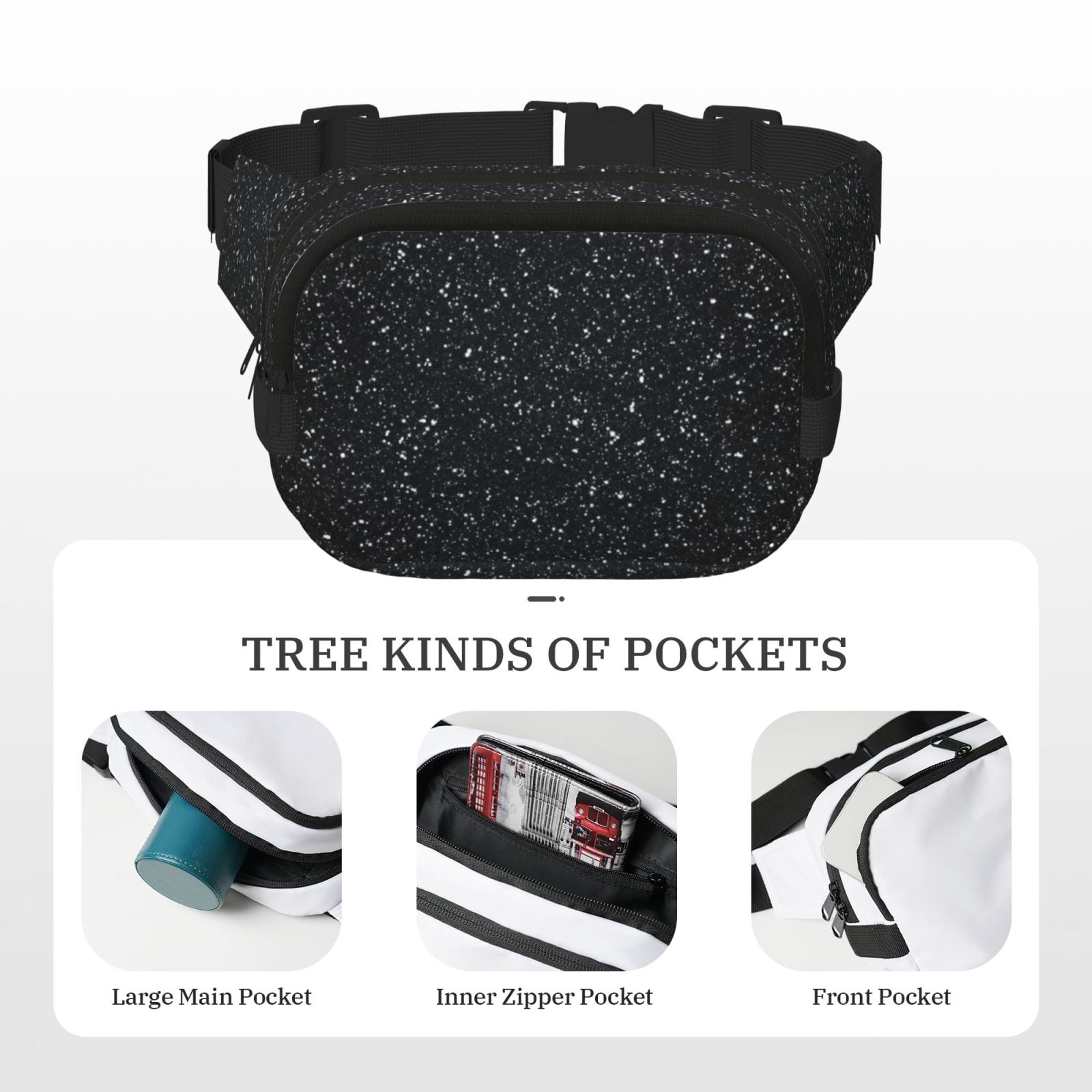 Fuzoiu Black Glitter Print Unisex Square Double Layer Waist Bag,Crossbody Fanny Pack Travel Workout Accessory