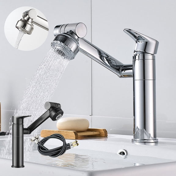 Single Handle Basin Mixer Tap Brass Single Hole Bathroom Faucet with Hot/Cold Water and Rotation