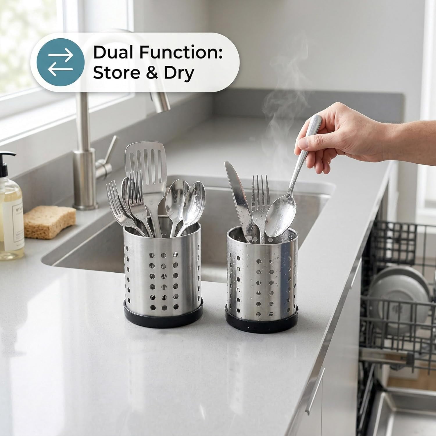 Set of 4 Kitchen Utensil Holder, Stainless Steel Cooking Utensil Organizer Flatware Silverware Holder Drying Rack Cylinder Kitchen Countertop Caddy for Chopstick, Spoon, Fork, Cultery, Straw