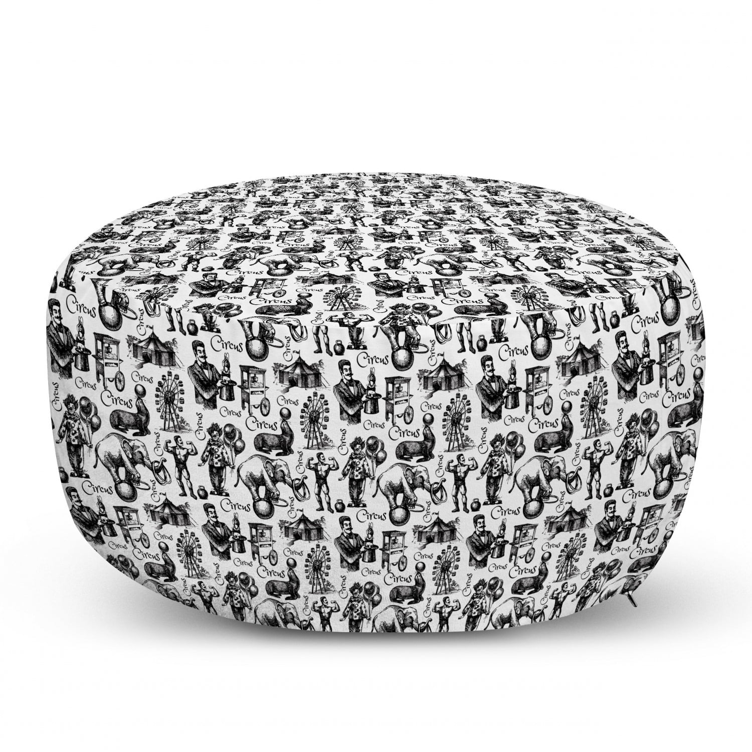 Modern Ottoman Pouf, Circus Words and Themed Continous Pattern Magician