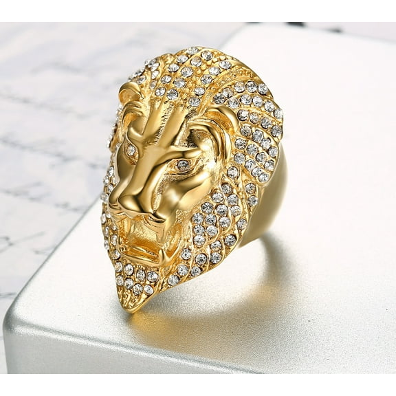 Hip Hop Bling Iced Out 14K Yellow Gold Animal Male Lion Finger Rings for Men Rapper Jewelry