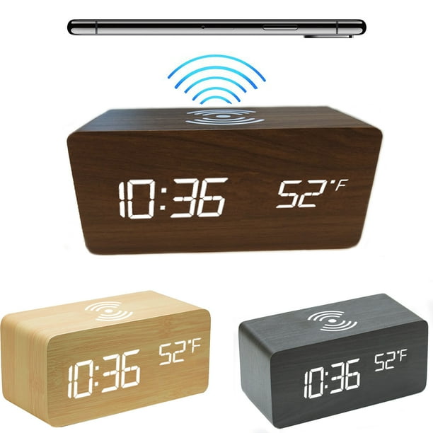 Zunammy Wooden Finish Alarm clock with Wireless Charging (Qi Charging Pads) for phone Black