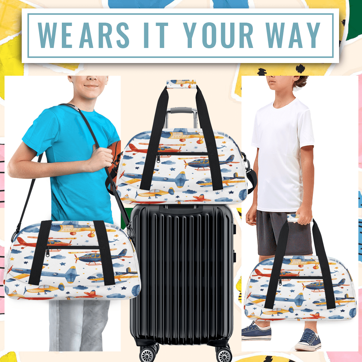 Herdesigns Airplane Sports Duffle Bag for Women & Men, Cartoon Gym Bag Dance Bag Overnight Bag Carry On Weekender Travel Bag