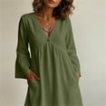 thumbnail image 6 of Tqcoqu Cotton Linen Dresses for Women,Elegant V Neck Flare 3/4 Sleeves Dresses Fashion Pleated Flowy Summer Sundress,Green Women's S-XXL, 6 of 8