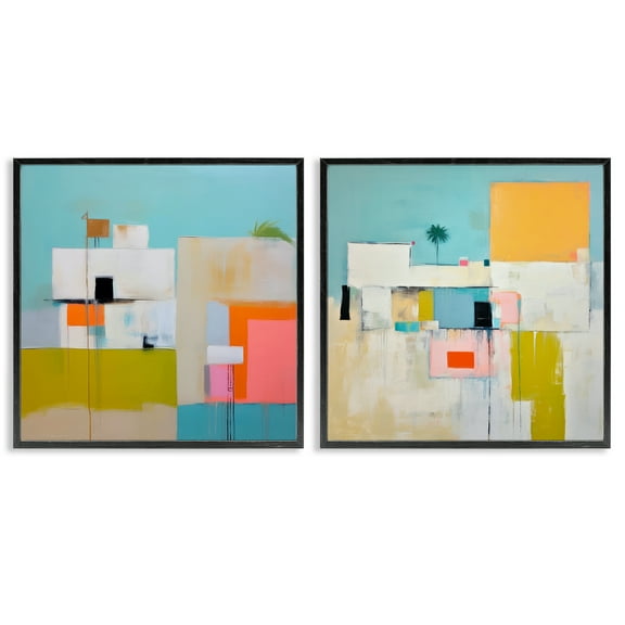 Stupell Industries Abstract Square Block Apartment Buildings & Architecture Painting Black Framed Art Print Wall Art, 12 x 12, Set of 2