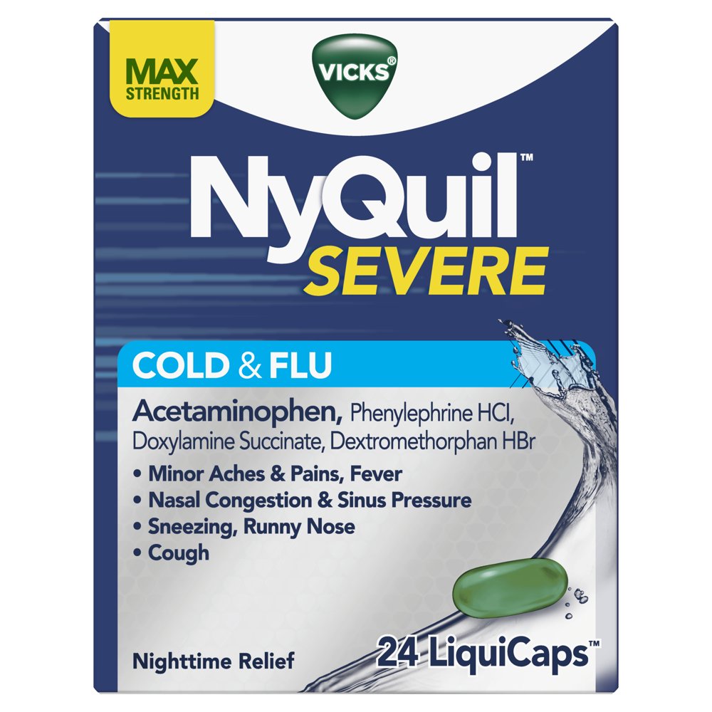 Vicks NyQuil SEVERE Cough, Cold & Flu Relief, 24 LiquiCaps Relieves Nighttime Sore Throat