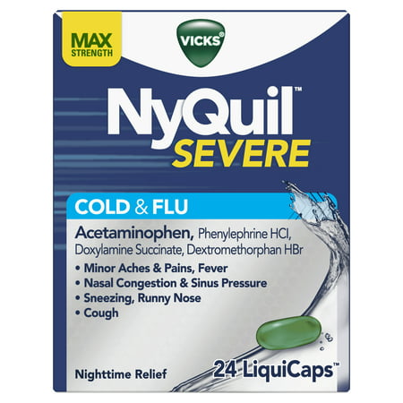 Vicks NyQuil SEVERE Cough, Cold & Flu Relief, 24 LiquiCaps - Relieves Nighttime Sore Throat, Fever, and