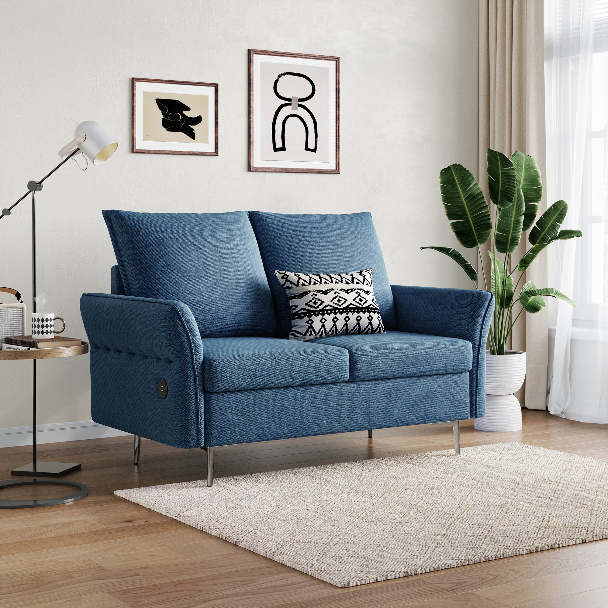 LINSY HOME Linen Loveseat Sofa, Small Modern Couch with Chrome Metal