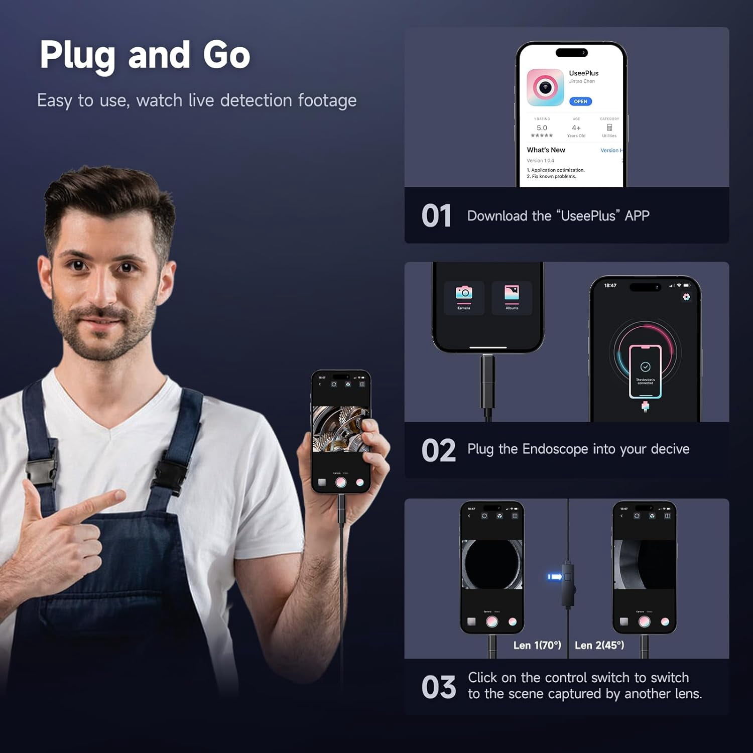 Dual-Lens Endoscope Camera with Light, 1920P HD Borescope with Adjustable LED Lights, IP67 Waterproof 16.5FT Semi-Rigid Snake Cord Inspection Camera for iPhone, iPad and Android Phone